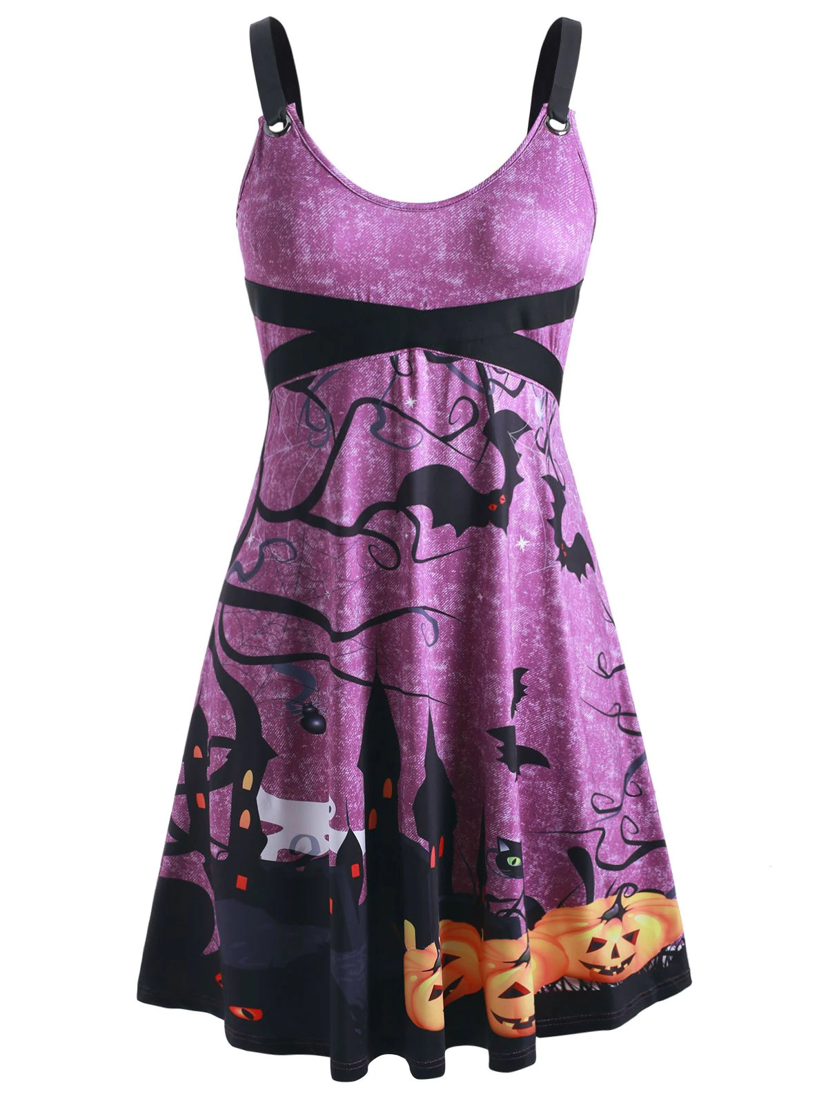 Pumpkin Bat Print Grommets Plus Size Halloween Dress